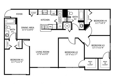 Floor plan for 4 beds, 2 baths, 1364 sqft